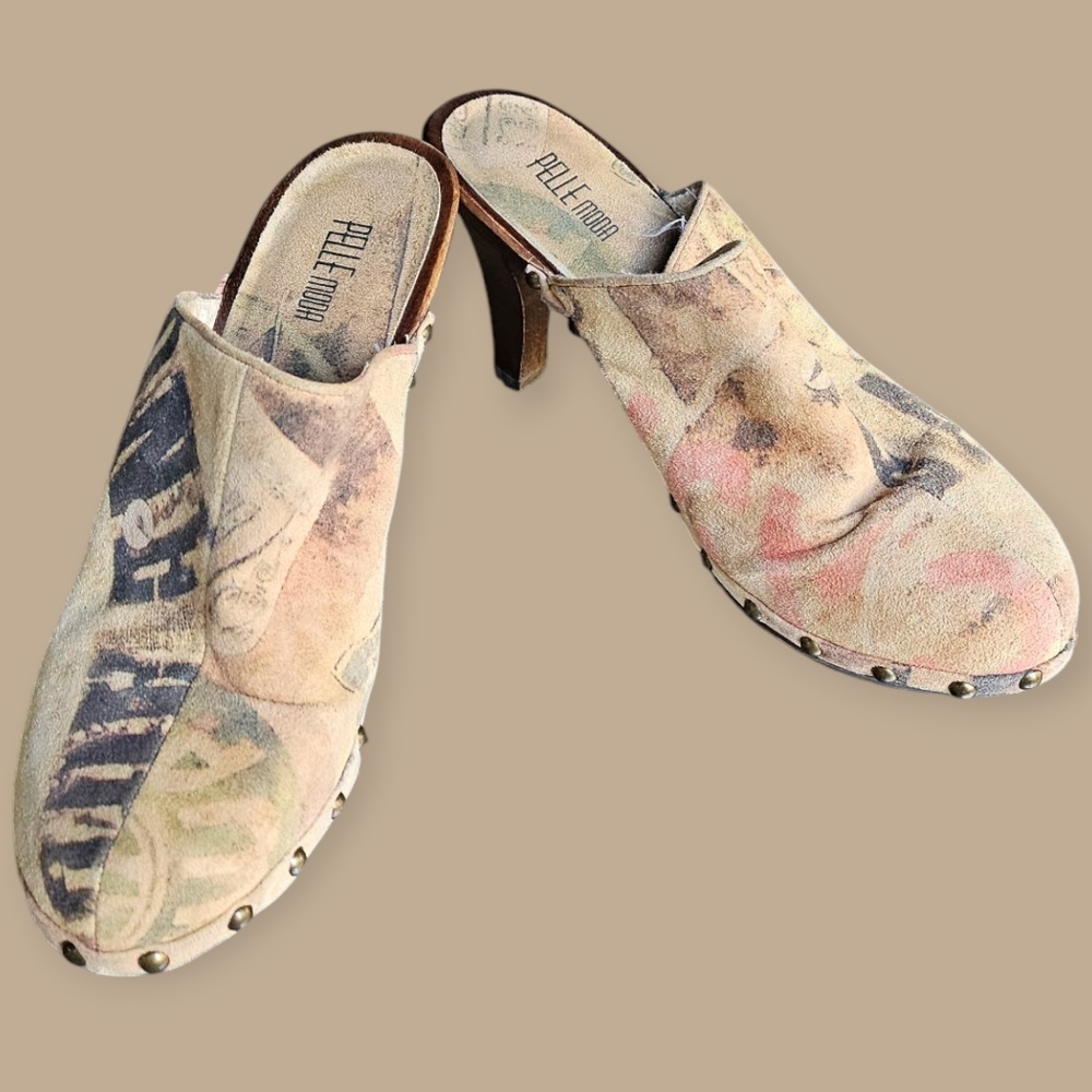 Pelle Moda Floral Print Leather Clogs in Pastel Pink and Tan - Picture 8 of 12